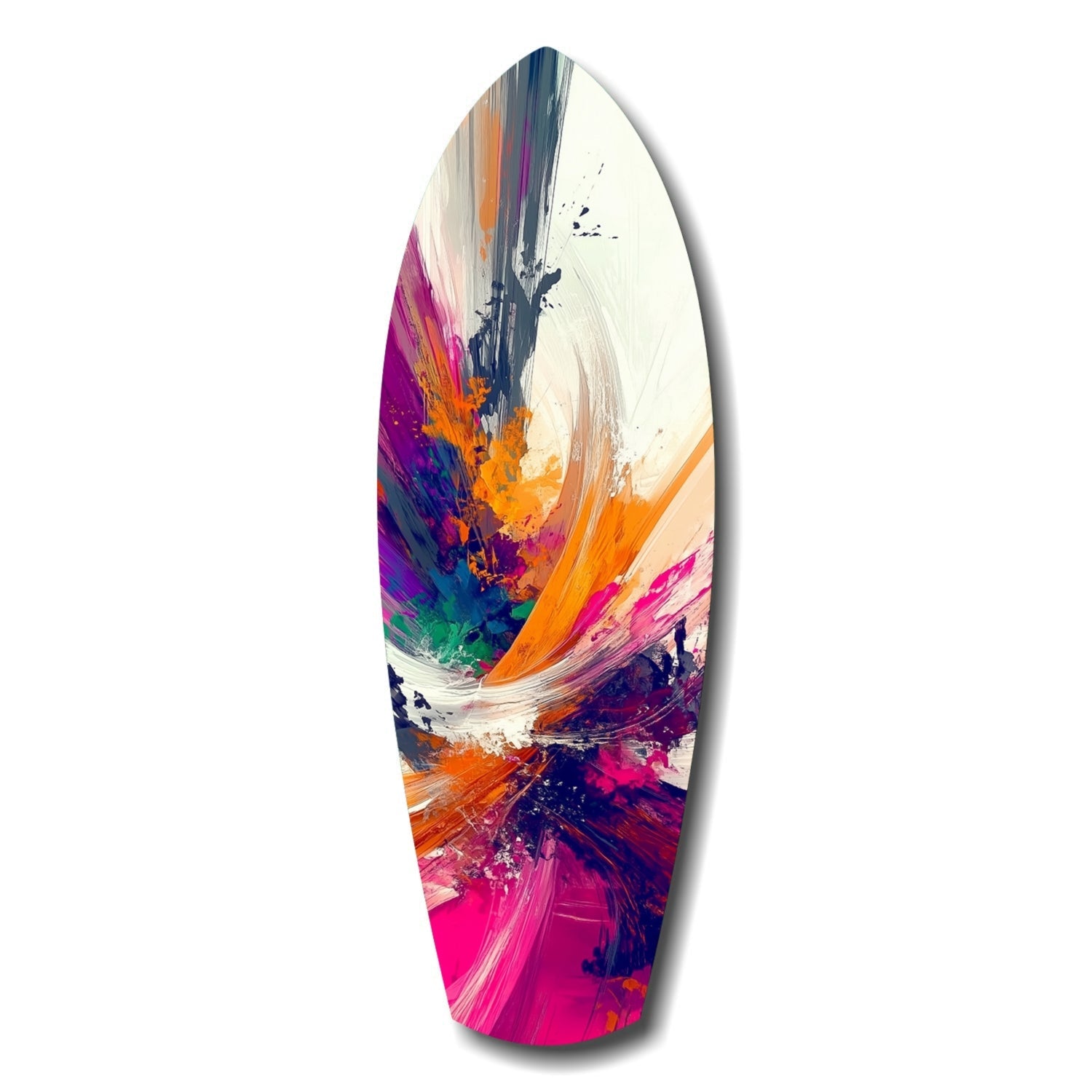Elongated teardrop-shaped glass art piece featuring swirling abstract brushstrokes in magenta, orange, navy, and cream colors.