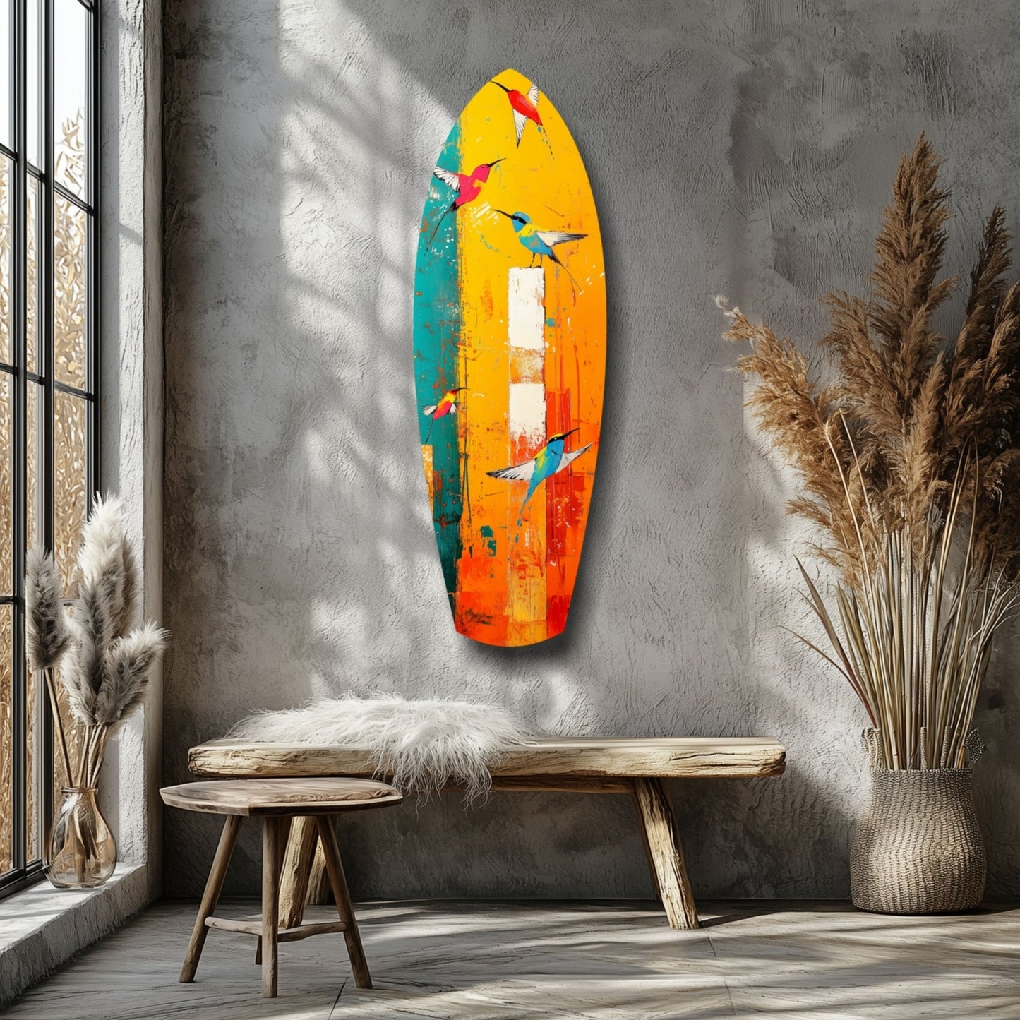 Colorful glass wall art featuring stylized birds in yellow, orange, teal, and red tones mounted on gray concrete wall above wooden bench.
