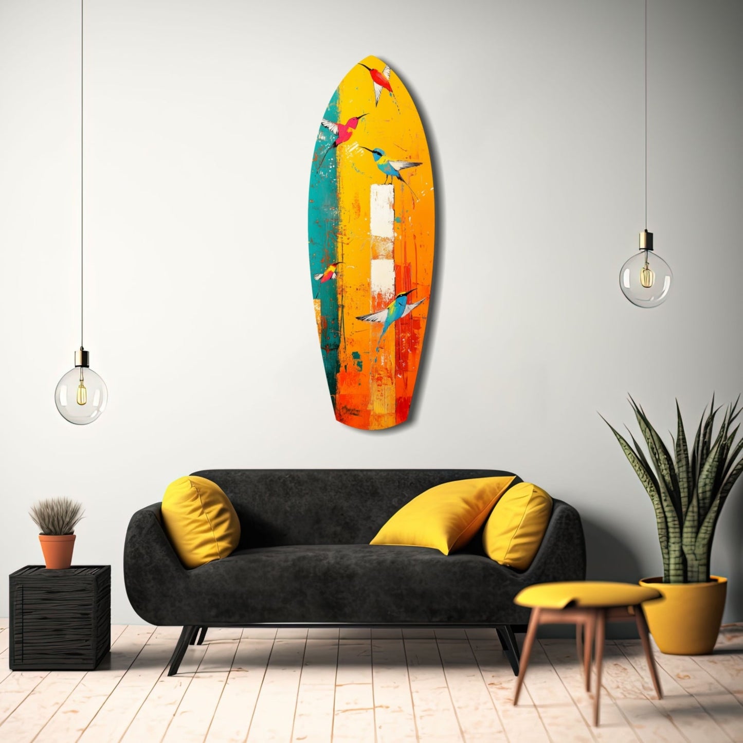 Colorful glass surfboard wall art with painted birds in yellow, orange, teal, and red tones displayed above black sofa with yellow pillows.