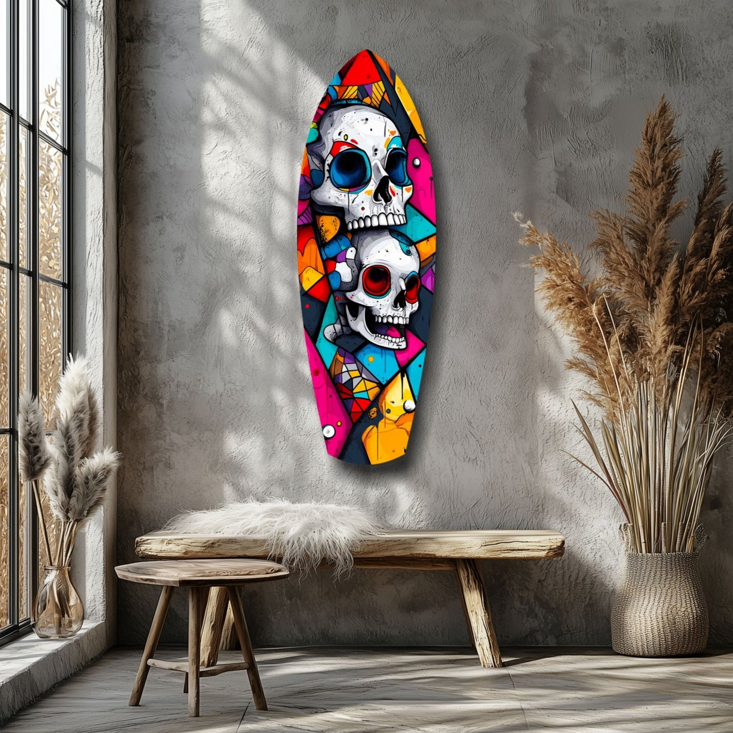 Colorful glass wall art featuring two stacked skulls with vibrant geometric patterns displayed above a wooden bench in a minimalist interior.