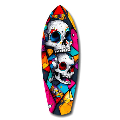 Colorful surfboard-shaped wall art featuring two stacked skulls with blue eyes, surrounded by vibrant geometric patterns in red, yellow, magenta, cyan, and orange against a dark background.