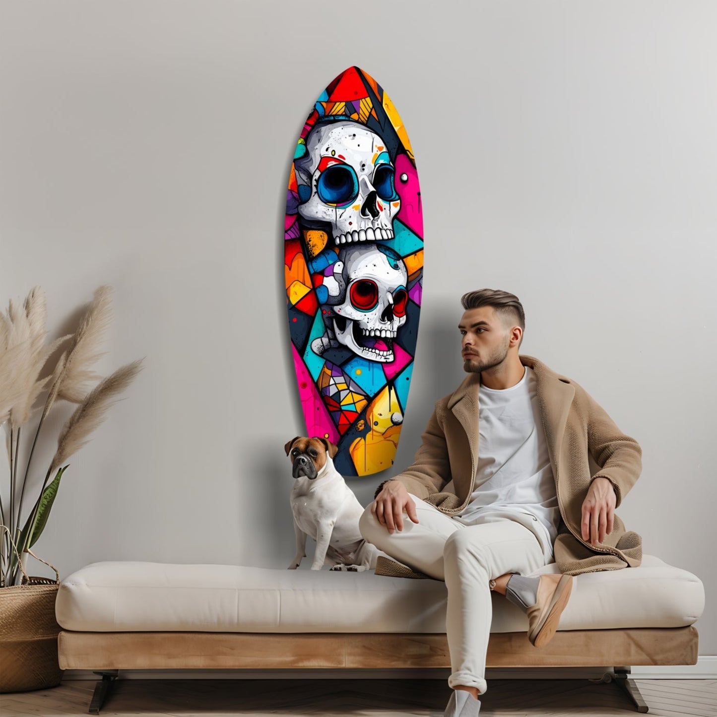Man and dog sitting on white bench beside colorful skull glass wall art with geometric patterns.