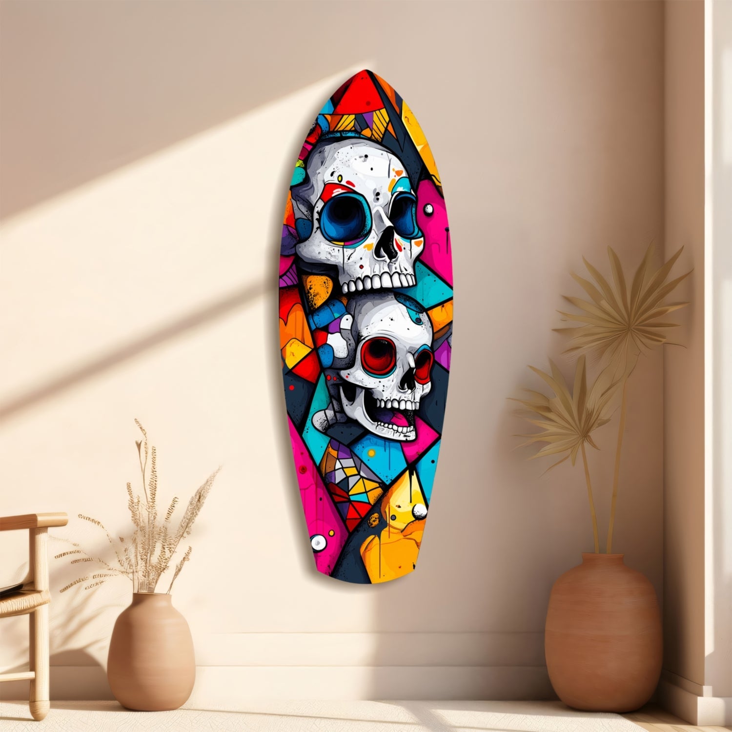 Colorful glass wall art featuring two stacked skulls with vibrant geometric patterns in red, blue, pink, and yellow, displayed vertically on a neutral beige wall beside potted plants.