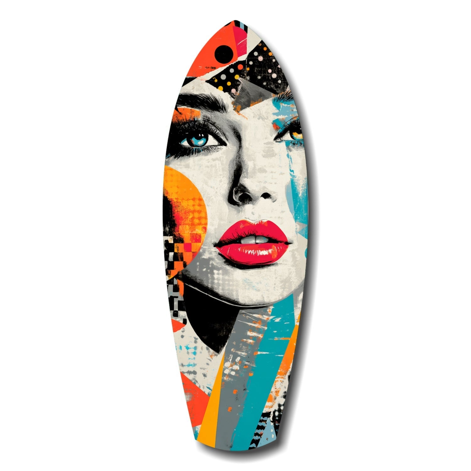 Colorful pop art style glass surfboard featuring a woman's face with striking blue eyes, red lips, and vibrant geometric patterns in orange, teal, black, and cream.