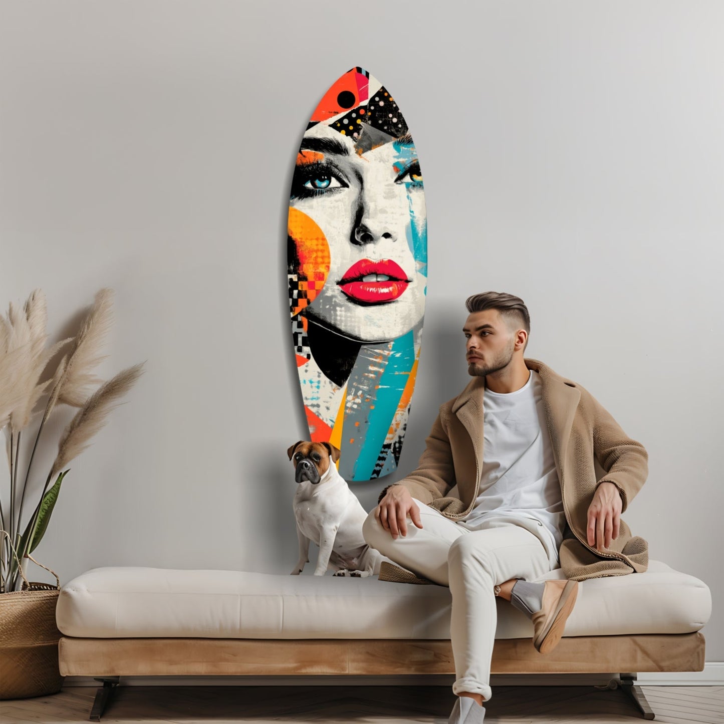 Man sitting on cream bench beside colorful pop art glass surfboard depicting woman's face with red lips and geometric patterns.