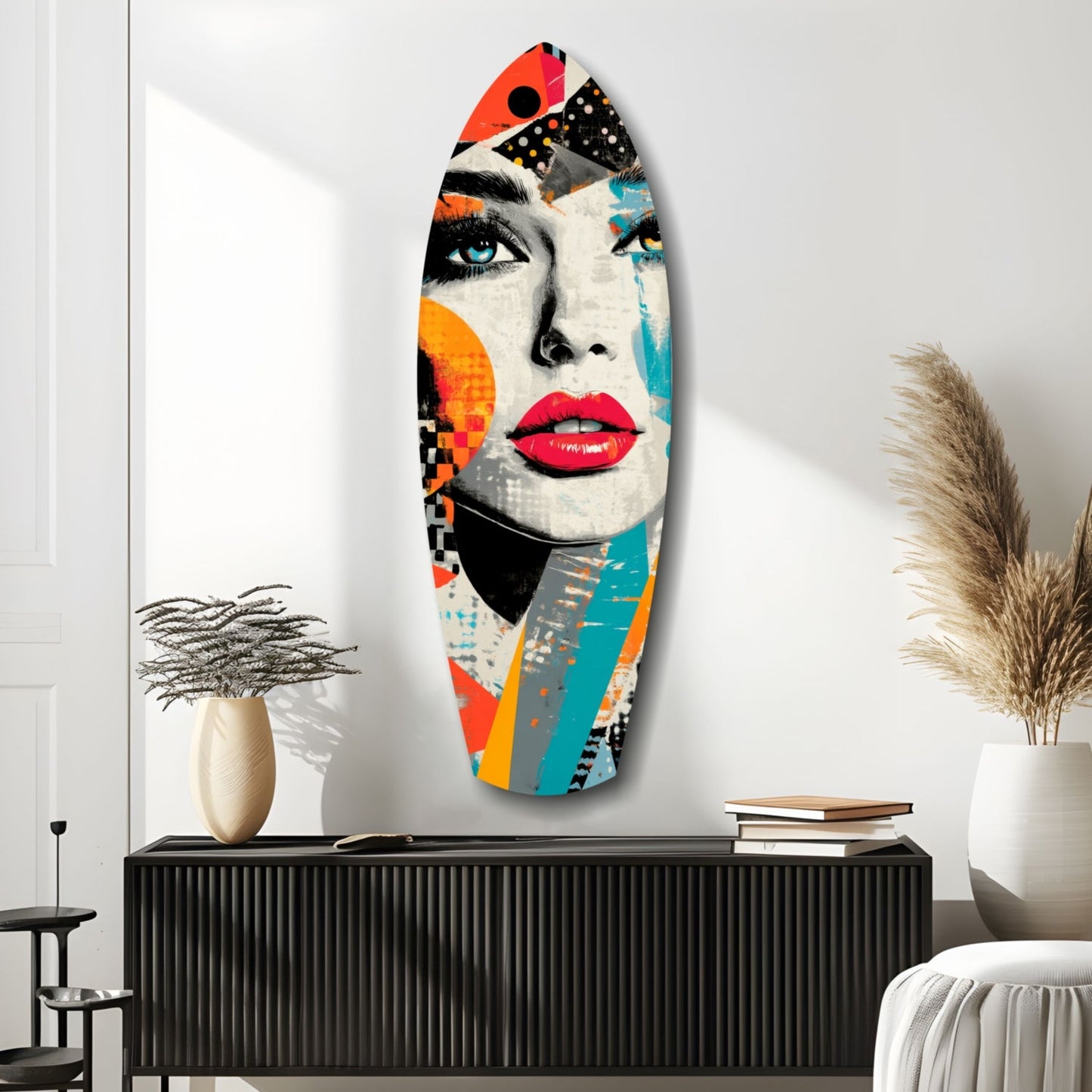Colorful pop art glass wall sculpture featuring a woman's face with bright red lips, blue eye, and abstract geometric patterns in orange, turquoise, and black, displayed above a black ribbed cabinet.