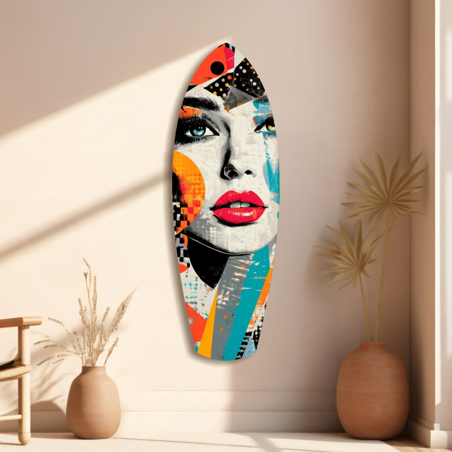 Colorful pop art glass wall sculpture featuring a woman's face with bold red lips and blue eyes, displayed vertically between two ceramic vases on a beige wall.