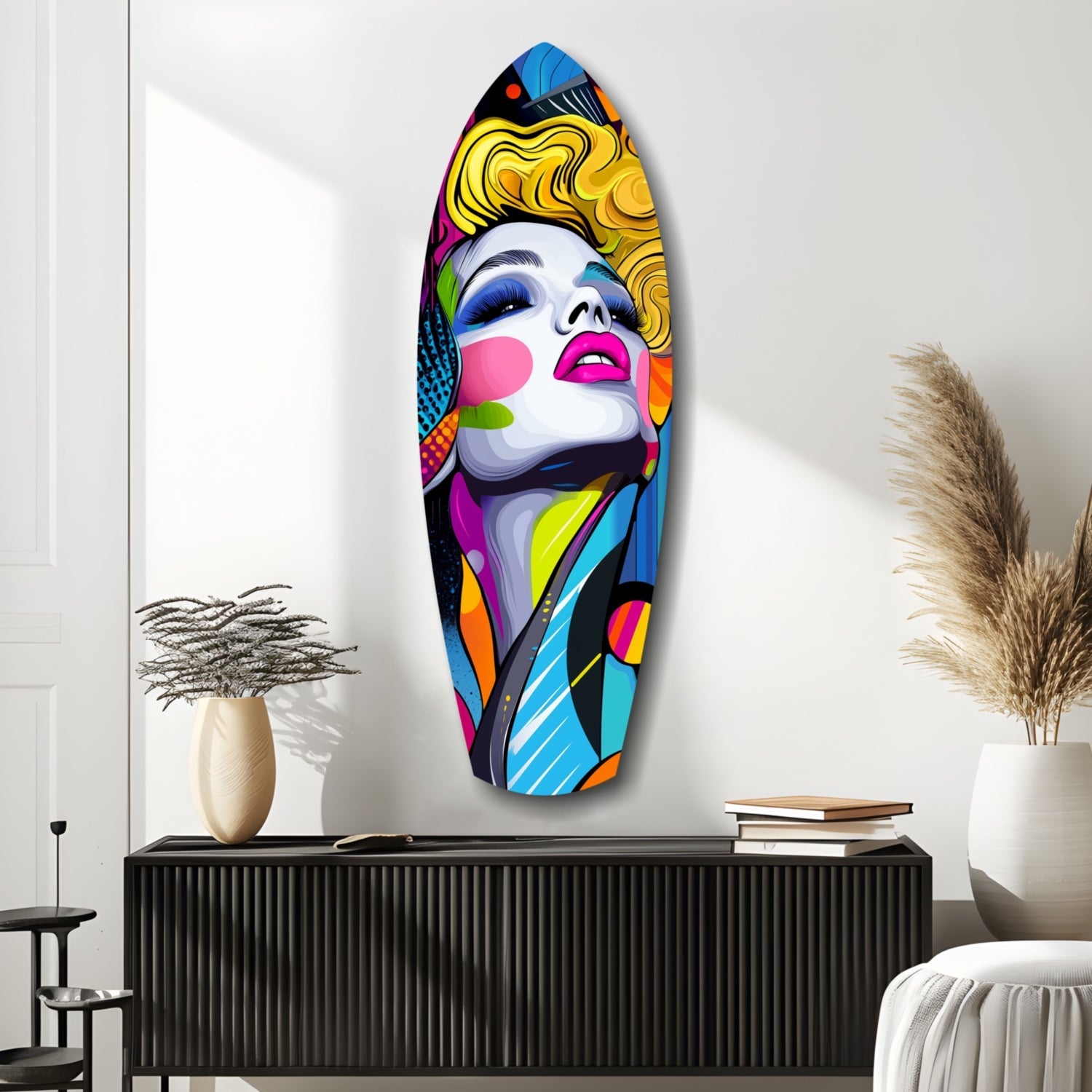 Colorful pop art glass wall sculpture of a woman's face with blonde hair and vibrant geometric patterns displayed above a black cabinet in a modern interior.