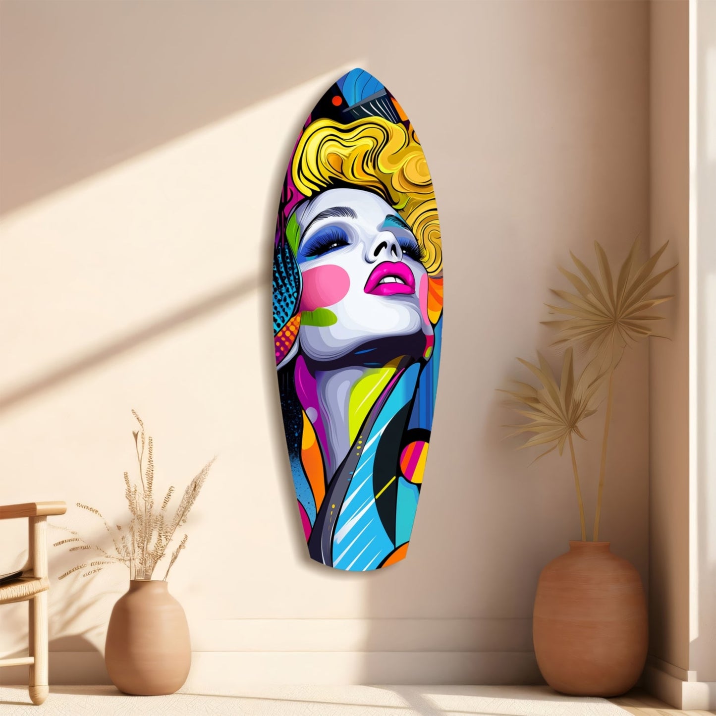 Colorful pop art glass wall sculpture of a woman's face with yellow hair, blue eyes, and pink lips displayed on a beige wall between ceramic vases.