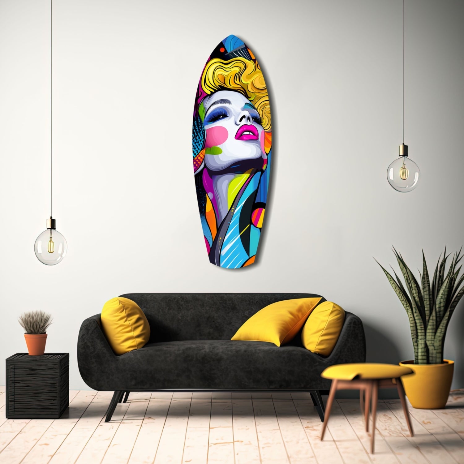 Colorful pop art glass wall panel featuring a woman's face with yellow hair and rainbow geometric patterns, displayed above a black sofa in a modern living room setting.