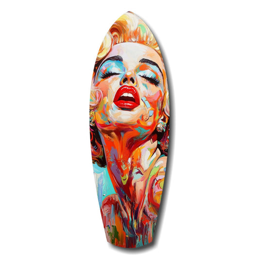 Colorful pop art portrait of a blonde woman with red lips on an elongated surfboard-shaped glass panel, painted in vibrant oranges, blues, and reds.