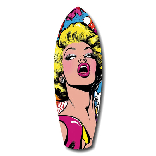 Surfboard-shaped glass art featuring a blonde woman's face with bold pop art colors including yellow hair, pink lips, and multicolored background sections.