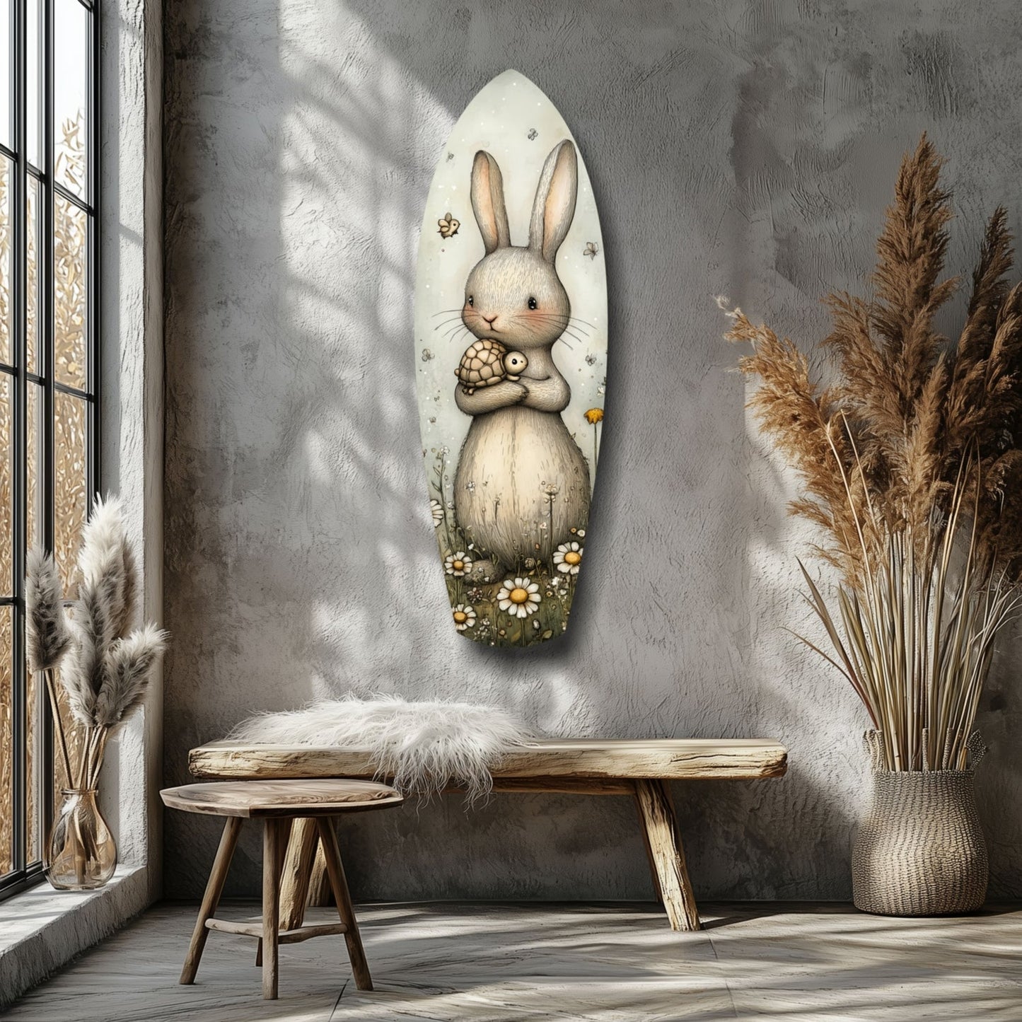 Cute rabbit glass wall art displayed above wooden bench in minimalist room with dried pampas grass and natural light.