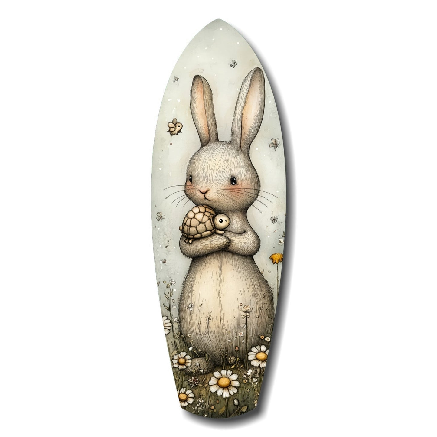 White rabbit holding a small turtle, surrounded by daisies and insects on an oval glass wall art panel.
