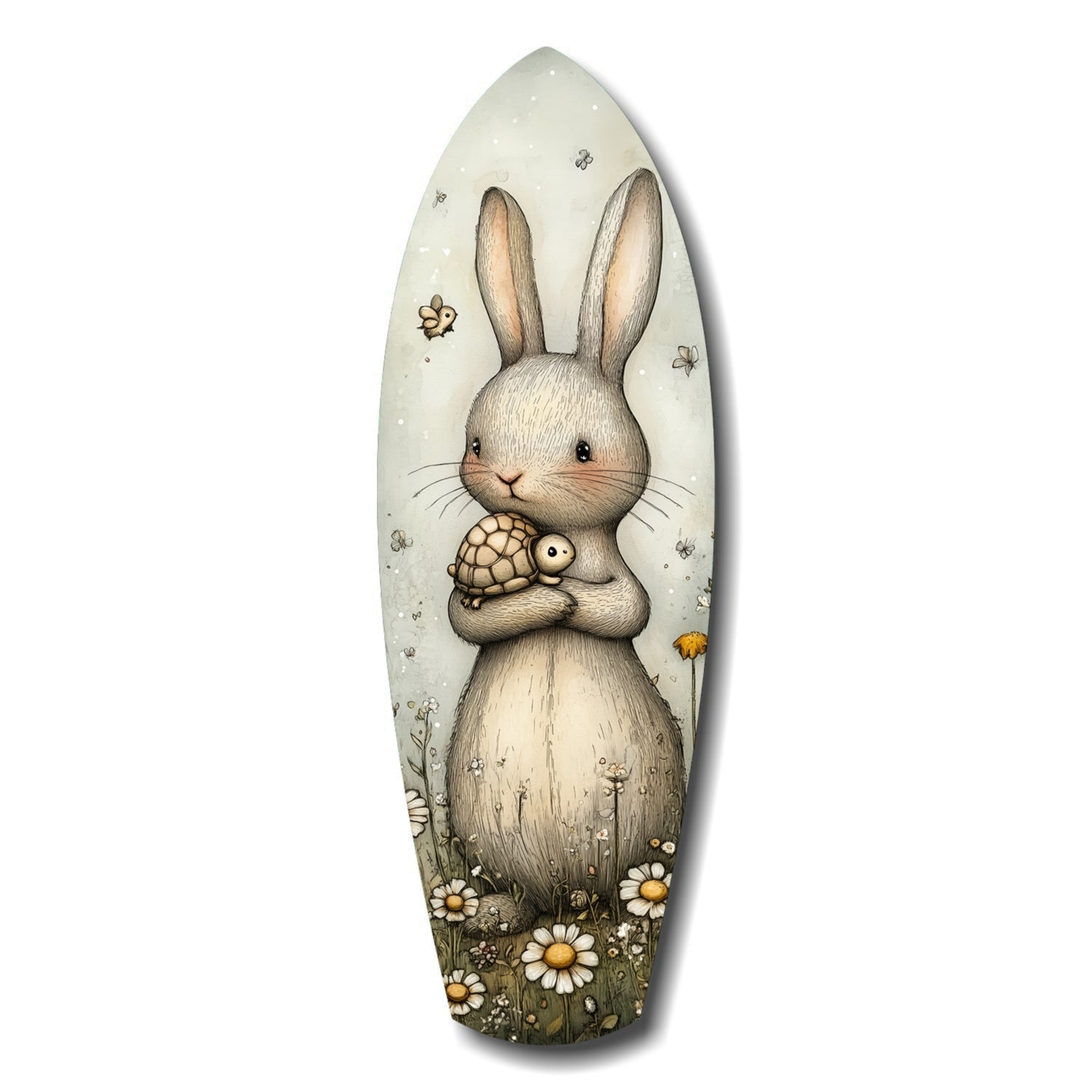 White rabbit holding a small turtle, surrounded by daisies and insects on an oval glass wall art panel.