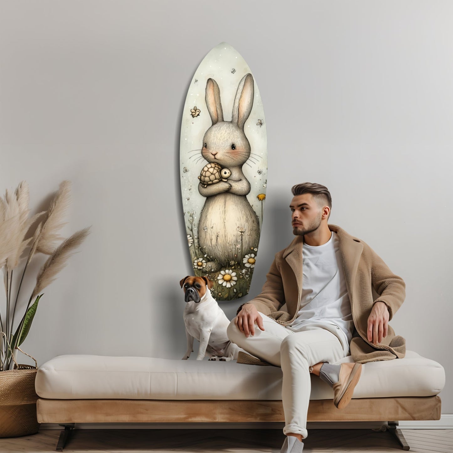 Man with dog sitting on bench beside oval glass wall art featuring cream rabbit holding turtle, surrounded by daisies and small insects.