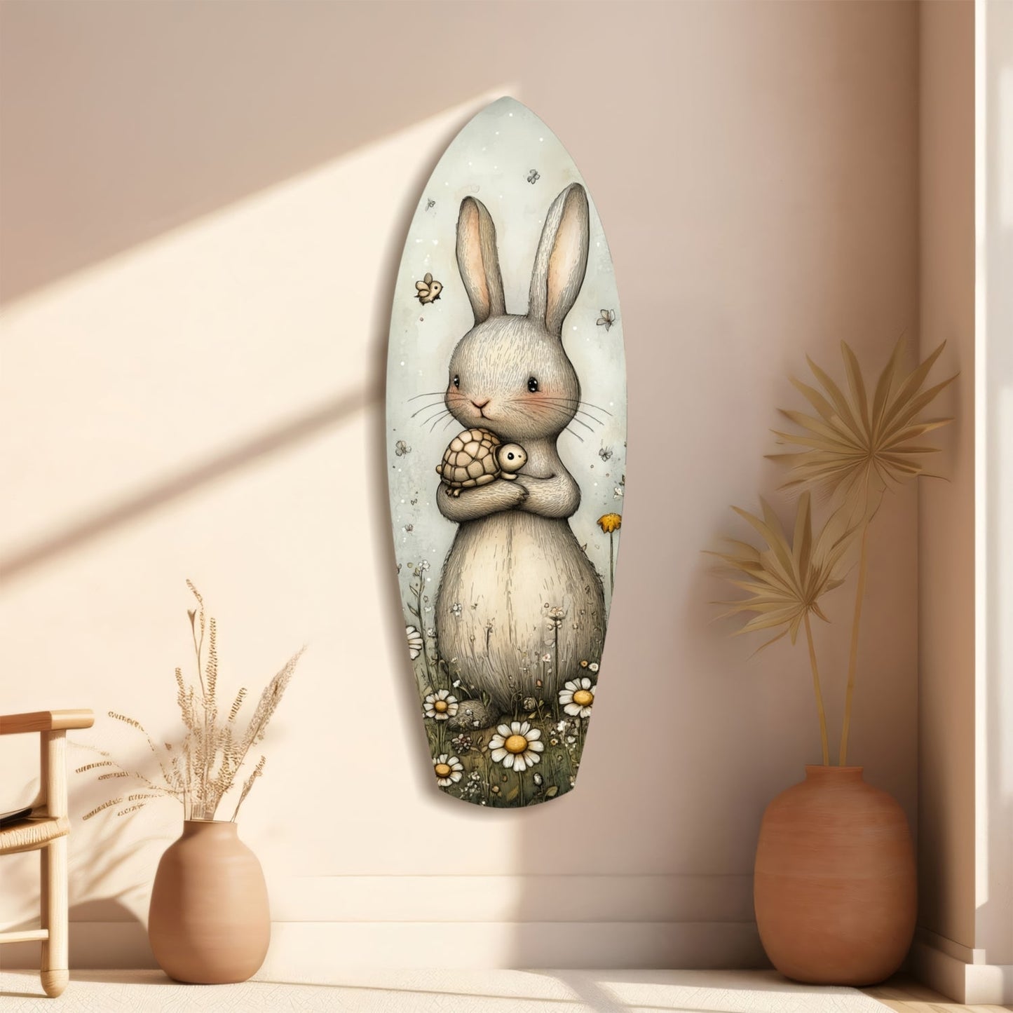 Cute rabbit glass wall art displayed on a beige wall between two terracotta vases with dried grasses, featuring a bunny holding a turtle surrounded by daisies and insects.