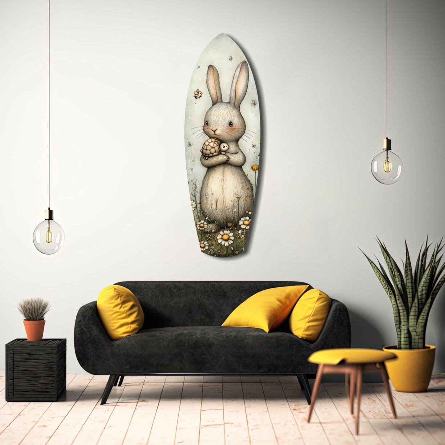 Cute rabbit glass wall art displayed above a black sofa with yellow pillows in a modern living room setting.