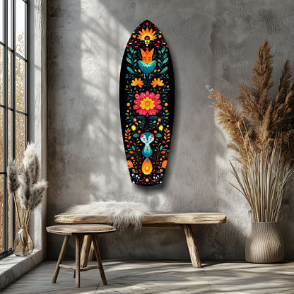 Colorful Folk Art Glass Wall Art featuring fox and rabbit with flowers on black background, displayed above wooden bench in minimalist room.