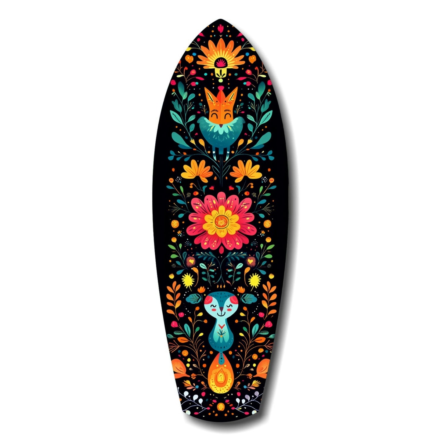 Black surfboard-shaped wood art with colorful folk-art style illustration featuring orange fox, blue cat, flowers, and decorative foliage.