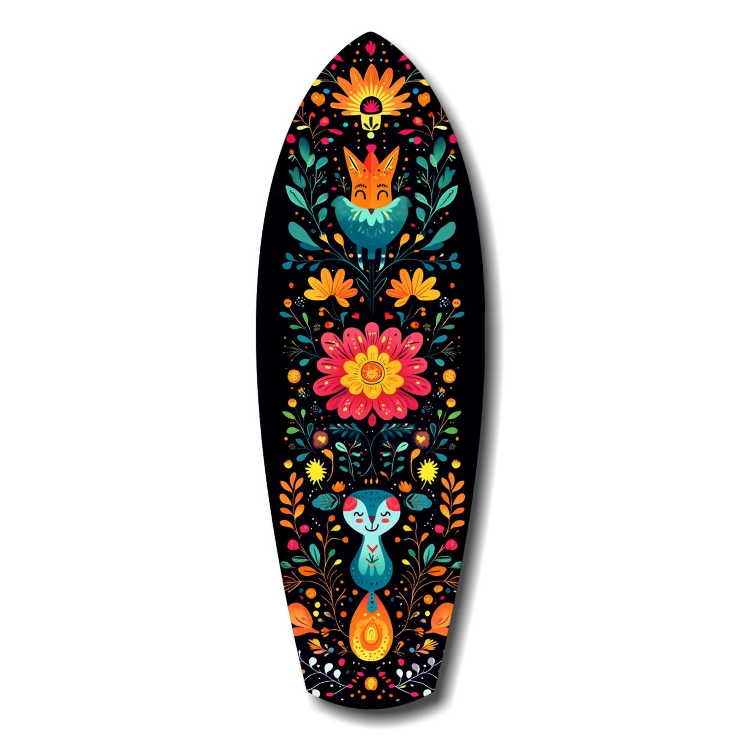 Black surfboard-shaped wood art with colorful folk-art style illustration featuring orange fox, blue cat, flowers, and decorative foliage.