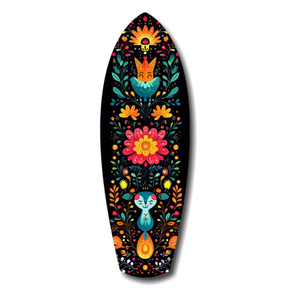 Black surfboard-shaped wood art with colorful folk-art style illustration featuring orange fox, blue cat, flowers, and decorative foliage.