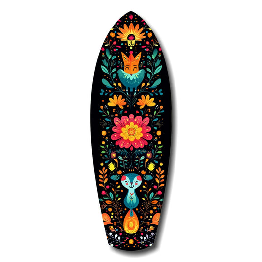 Black surfboard-shaped wood art with colorful folk-art style illustration featuring orange fox, blue cat, flowers, and decorative foliage.