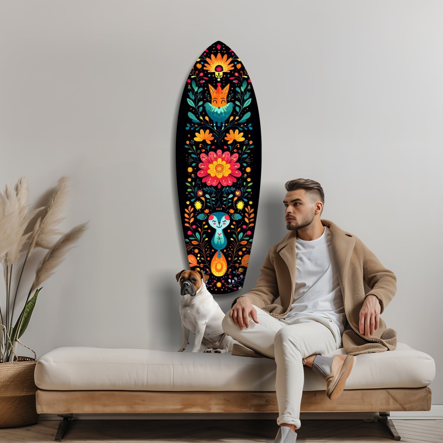 Man and dog sitting on bench beneath colorful black glass wall art featuring foxes, rabbits, flowers, and celestial symbols.
