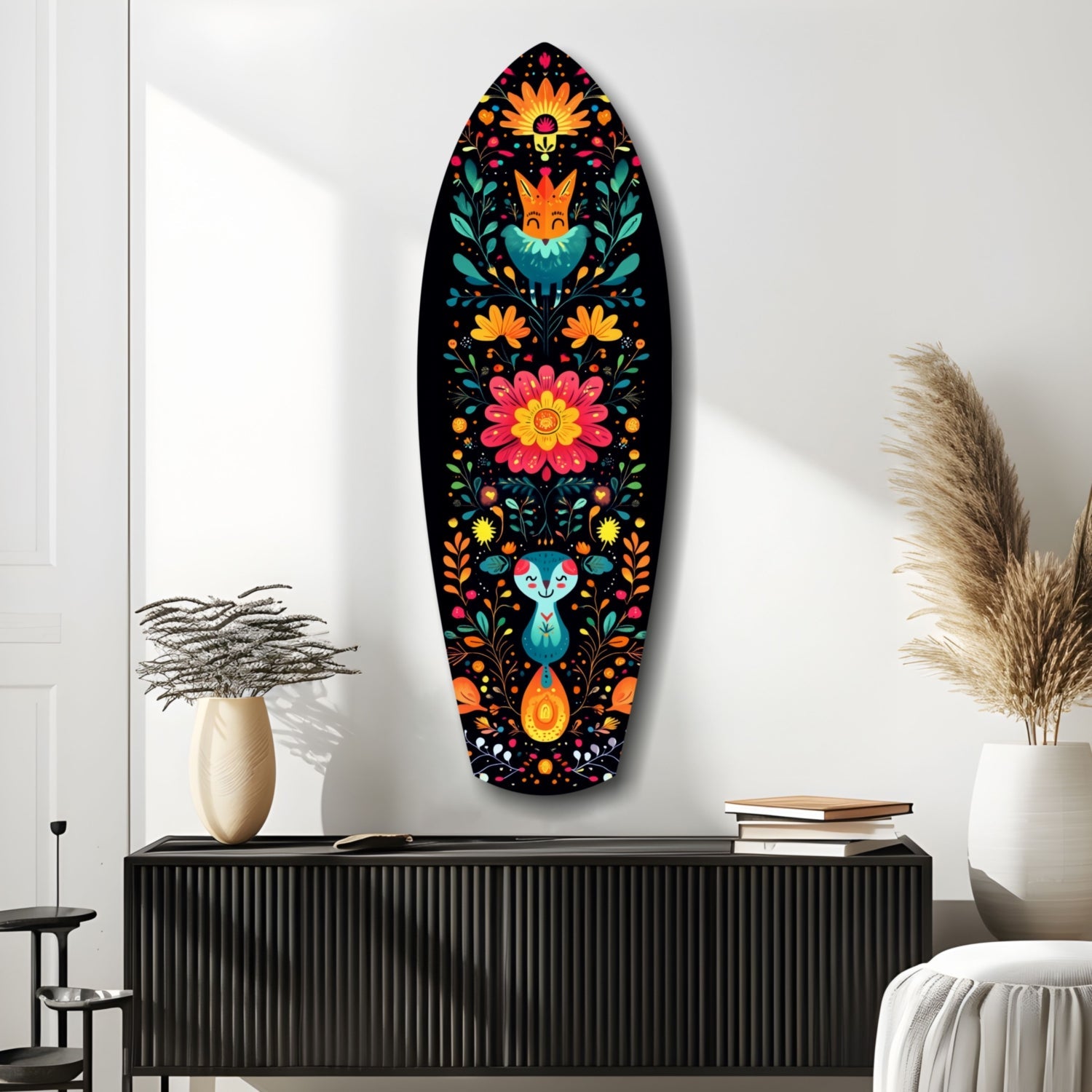 Colorful folk art glass wall panel with orange flowers, teal fox and rabbit figures on black background, displayed above black cabinet in modern interior.