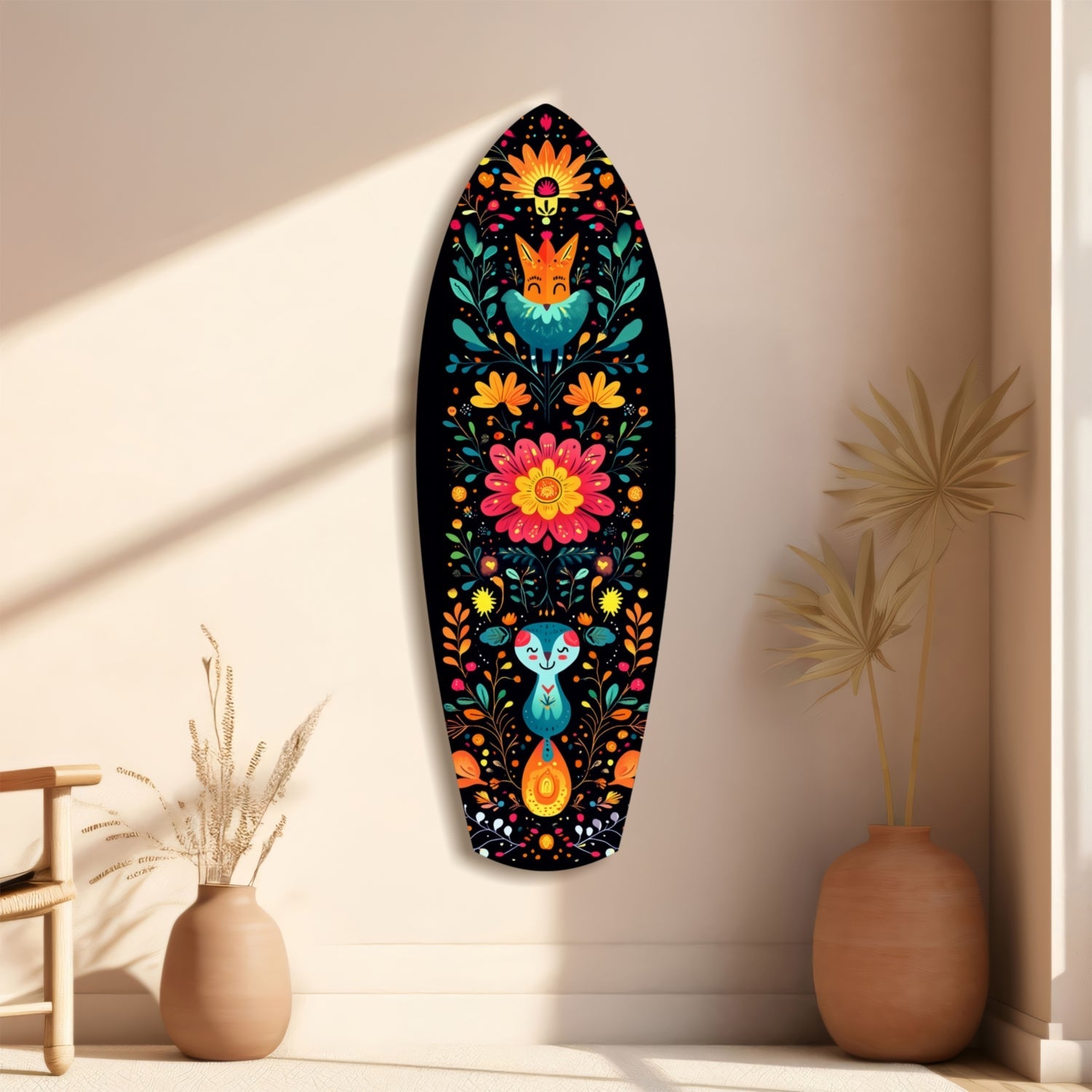 Black glass wall art with colorful folk art design featuring fox, rabbit, and symmetrical floral motifs in orange, pink, and teal, displayed on beige wall with decorative vases.