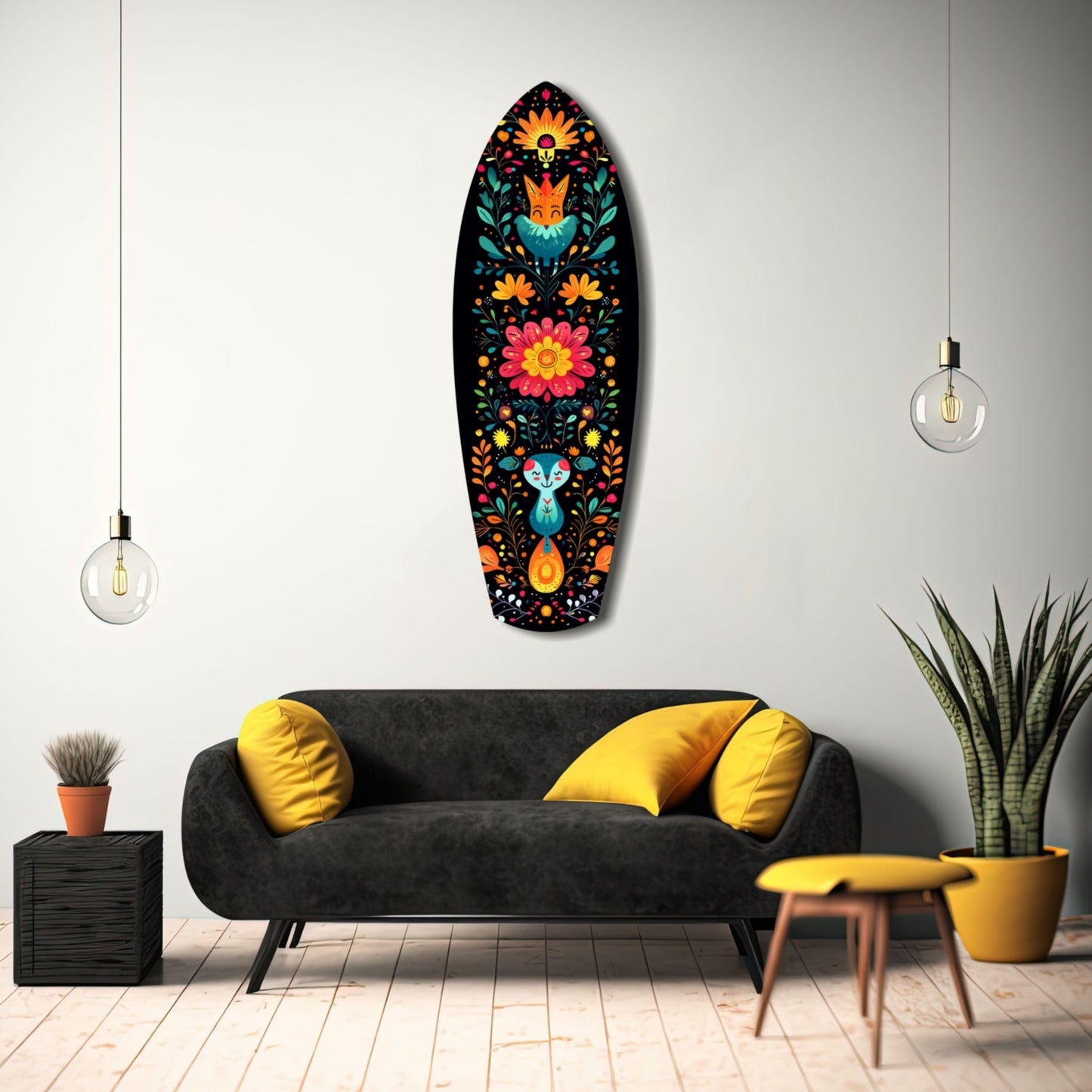 Black oval glass wall art with colorful folk art design featuring fox, rabbit, and flowers hanging above gray sofa with yellow pillows.