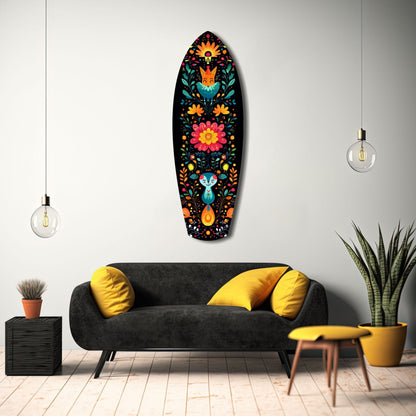 Black oval glass wall art with colorful folk art design featuring fox, rabbit, and flowers hanging above gray sofa with yellow pillows.