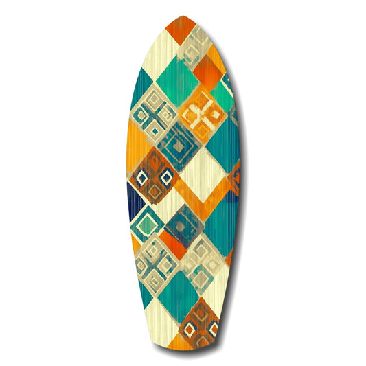 Vertical surfboard with diamond-patterned design in teal, orange, cream, and navy featuring geometric nested square motifs throughout.