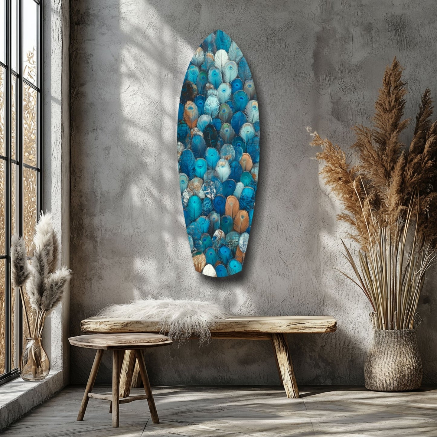 Oval blue glass wall art with layered ceramic circles in blue, white, and copper tones displayed above wooden bench in minimalist interior.