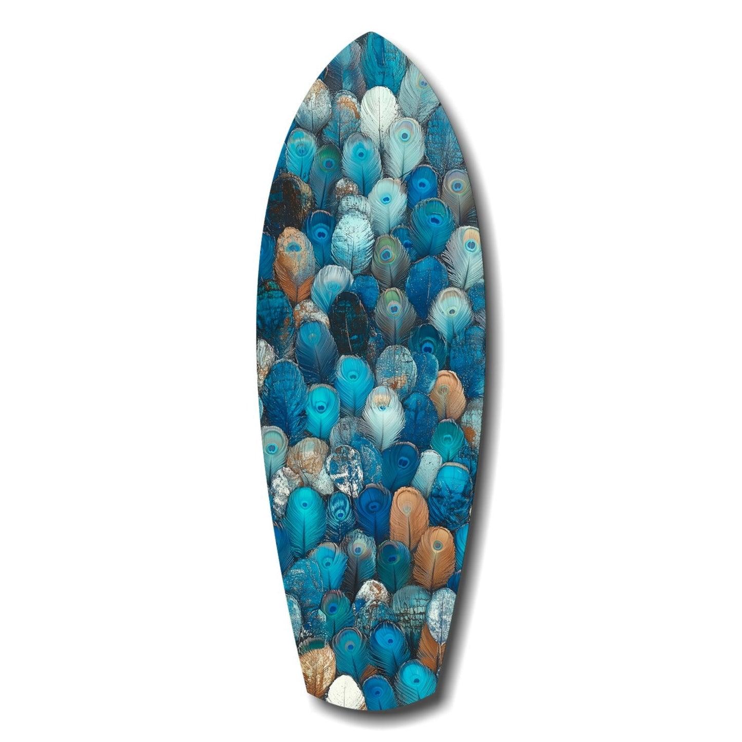 Oval glass wall art featuring overlapping peacock feathers in shades of blue, turquoise, cream, and bronze against a textured background.