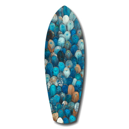 Oval glass wall art featuring overlapping peacock feathers in shades of blue, turquoise, cream, and bronze against a textured background.