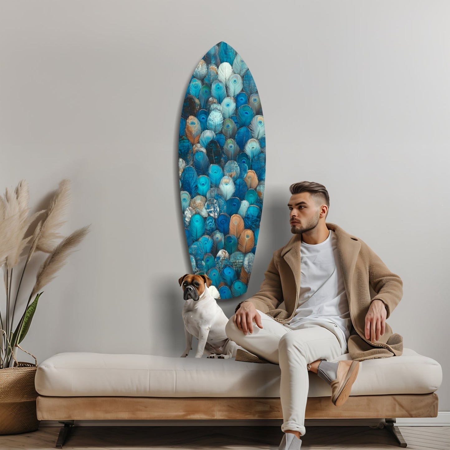 Man and dog sitting on beige bench below oval blue glass wall art with colorful circular patterns in coastal living room setting.