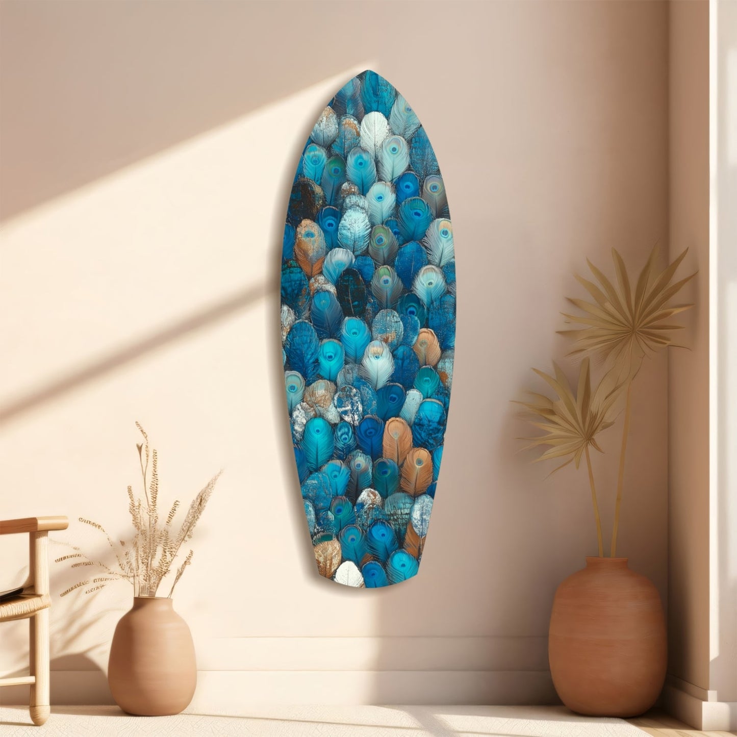 Oval glass wall art featuring blue, white, and copper feather patterns displayed on a beige wall with dried floral arrangements beside it.