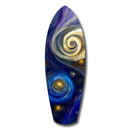 Surfboard-shaped glass art featuring swirling golden and blue spiral galaxies against deep purple and navy starry background.