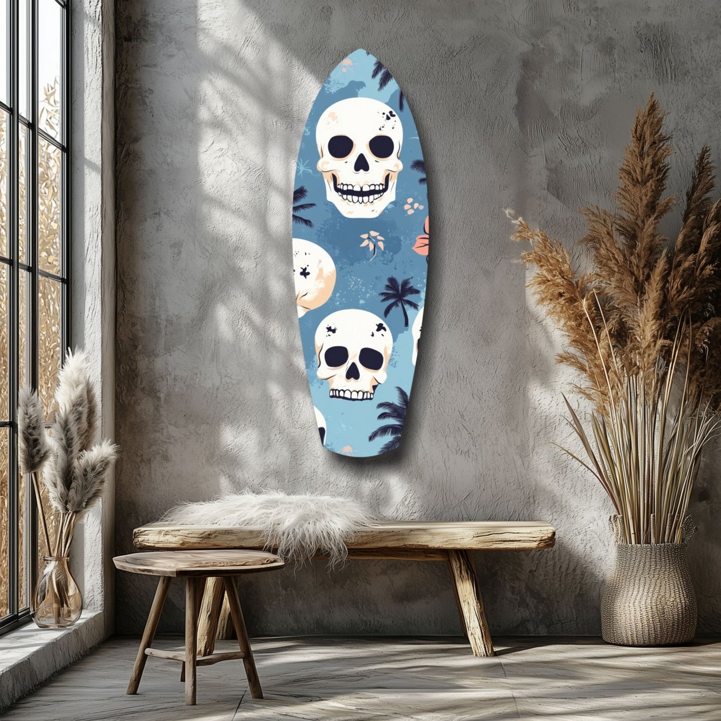 Blue glass surfboard wall art with white skulls, palm trees, and celestial motifs mounted above wooden bench in minimalist room.