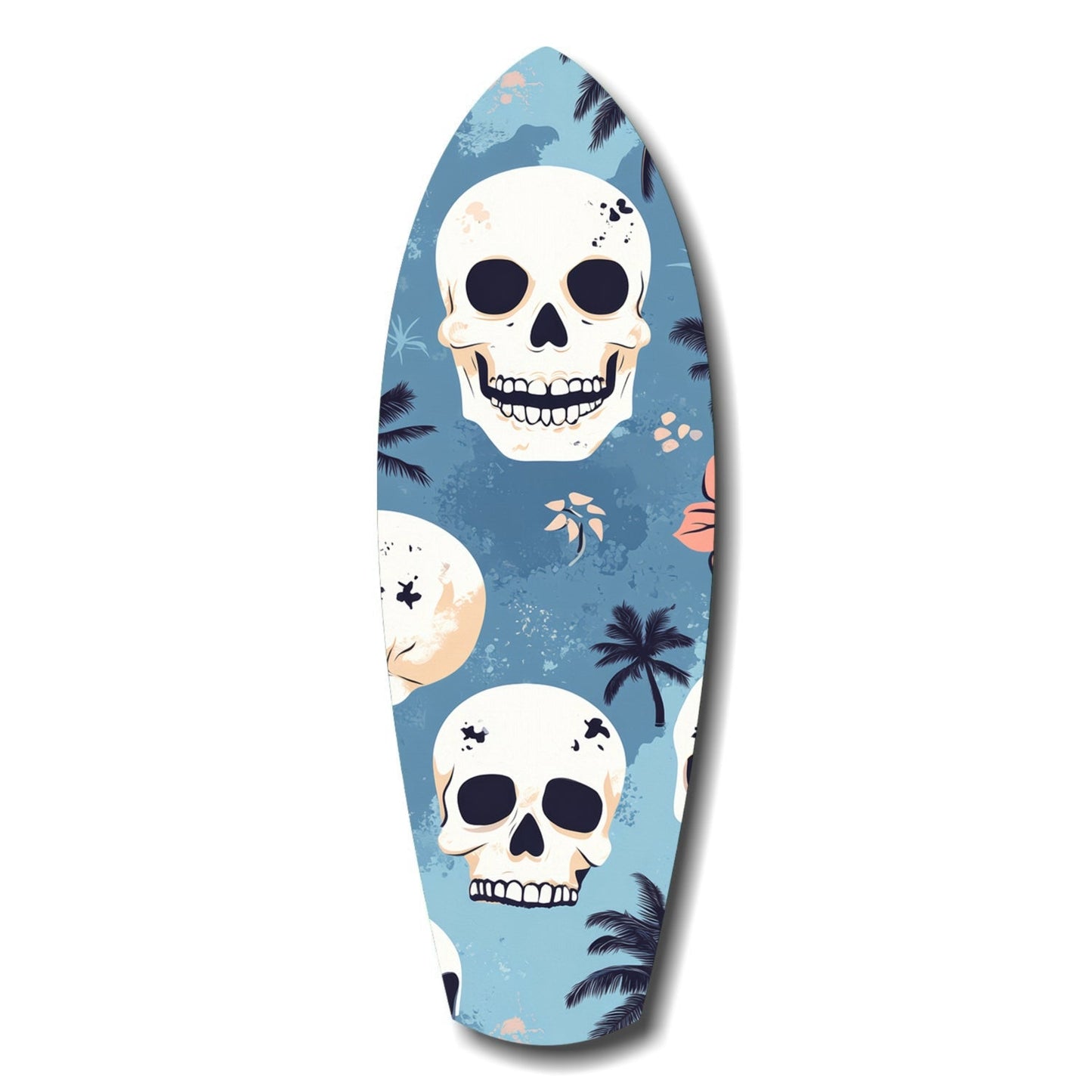 Surfboard-shaped glass art featuring three white skulls with black eye sockets on blue background decorated with palm trees and coral accents.