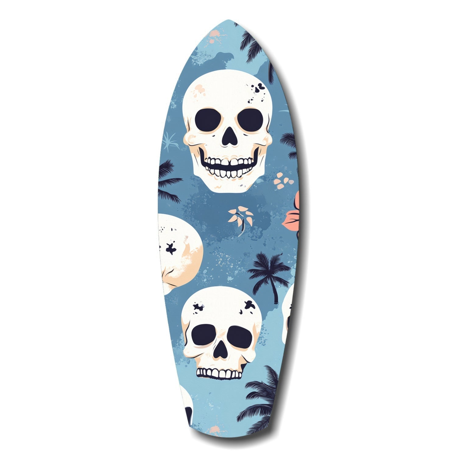 Surfboard-shaped glass art featuring three white skulls with black eye sockets on blue background decorated with palm trees and coral accents.