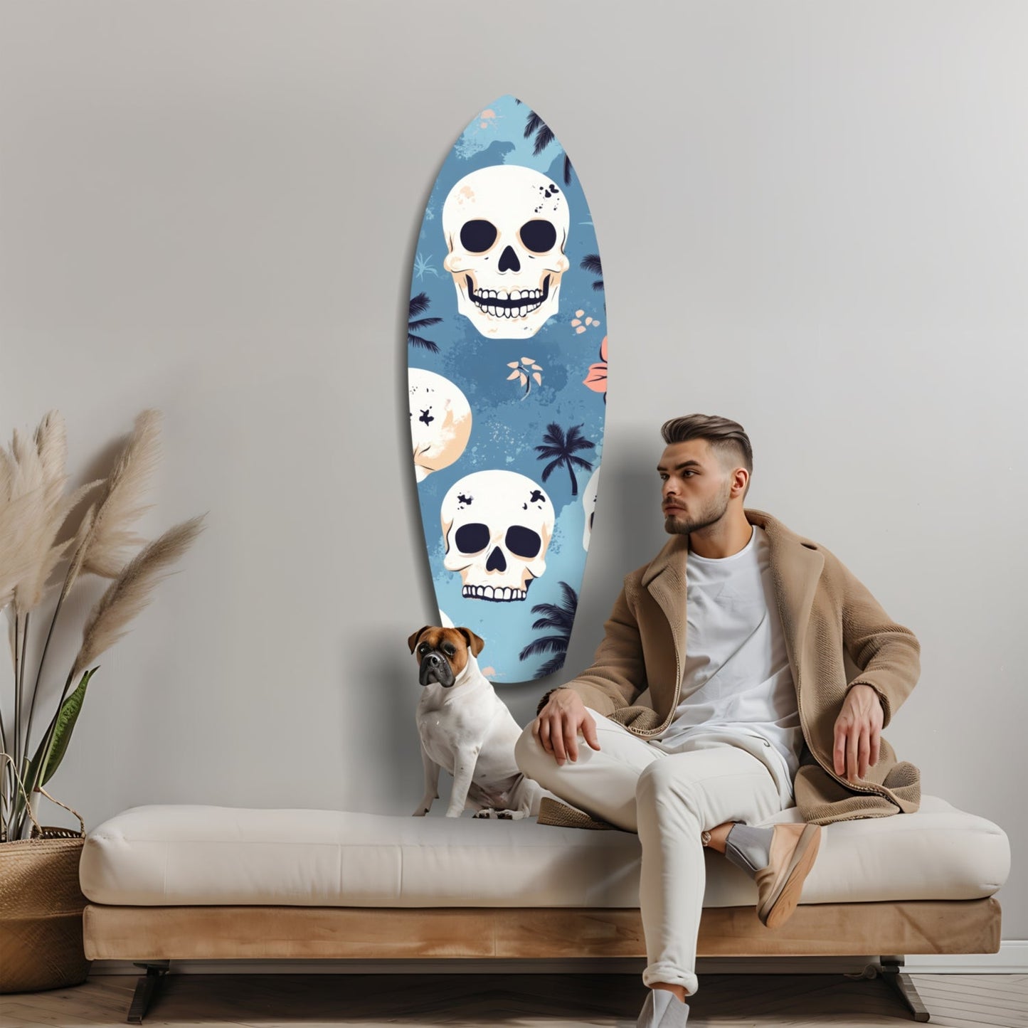 Man and dog sitting on bench beside blue glass surfboard wall art featuring white skulls and palm tree designs.
