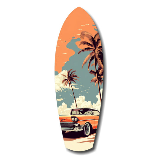 Surfboard-shaped glass art depicting a vintage orange 1950s car parked beneath palm trees against an orange sunset sky with white clouds.