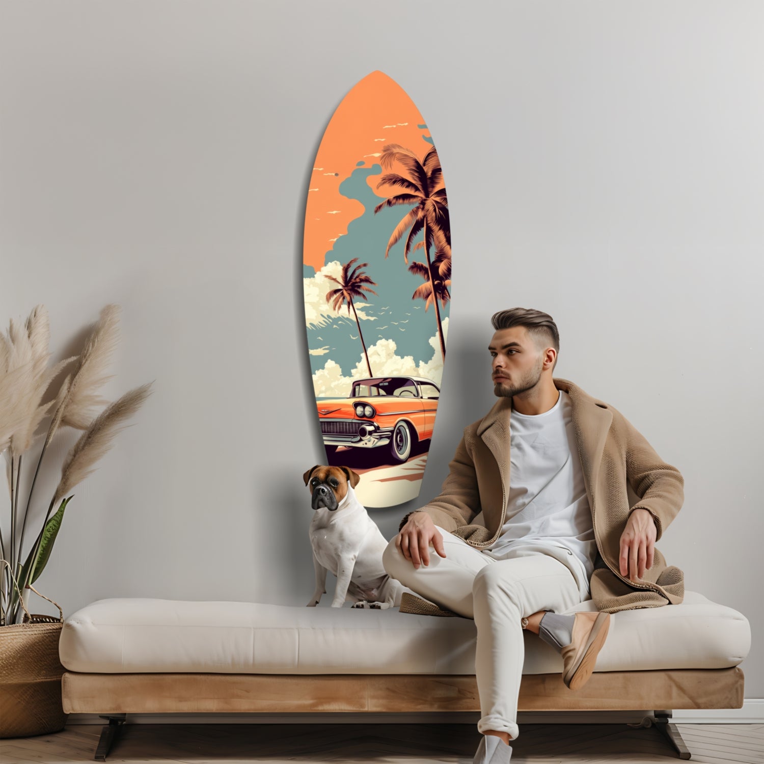 Man and dog sitting on cream sofa beside elongated surfboard-shaped glass wall art featuring retro car, palm trees, and orange sky.