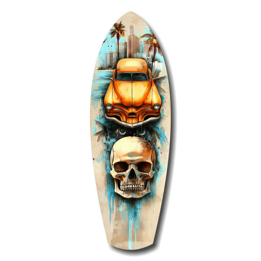 Surfboard-shaped wooden wall art featuring a golden vintage car and skull design with blue watercolor splashes and cityscape background.