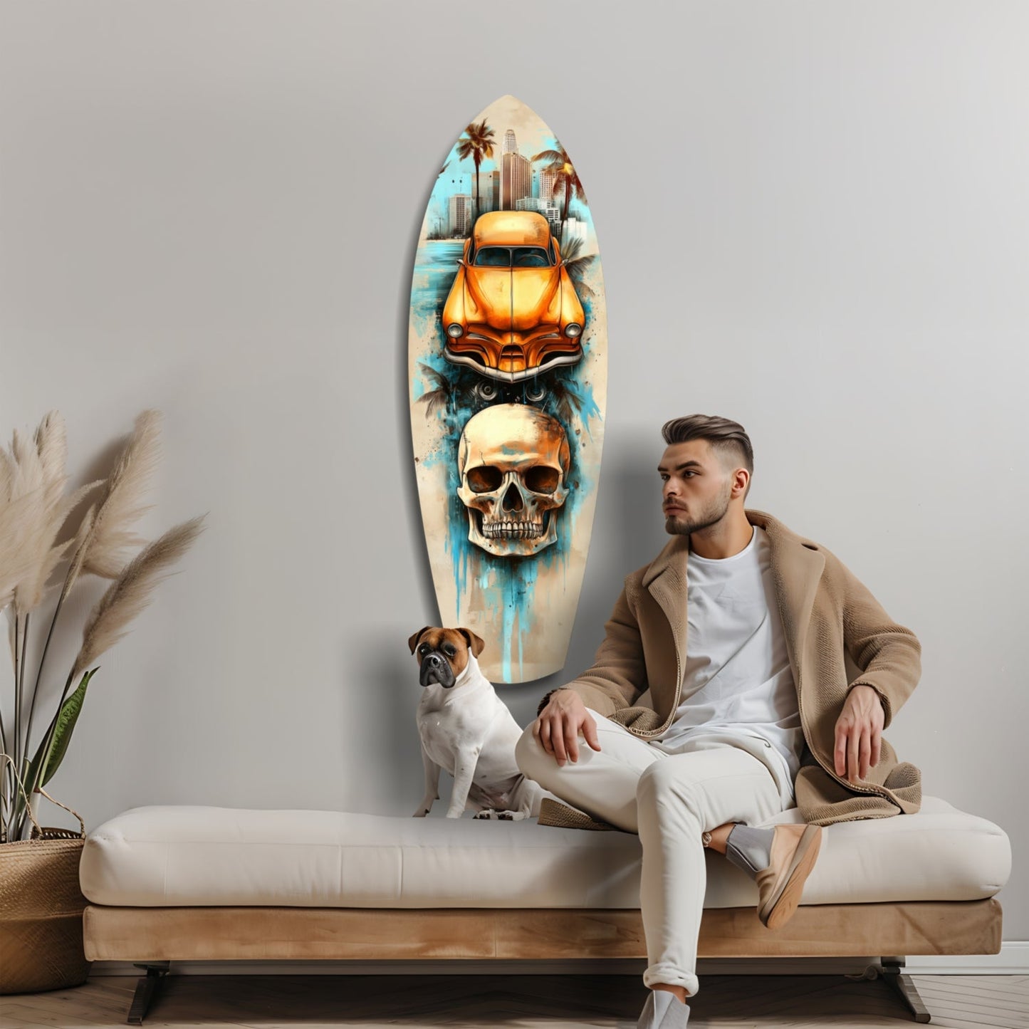 Man and dog sitting on bench in front of surfboard-shaped wall art featuring orange vintage car and skull with blue watercolor drips.