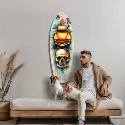 Man and dog sitting on bench in front of surfboard-shaped wall art featuring orange vintage car and skull with blue watercolor drips.