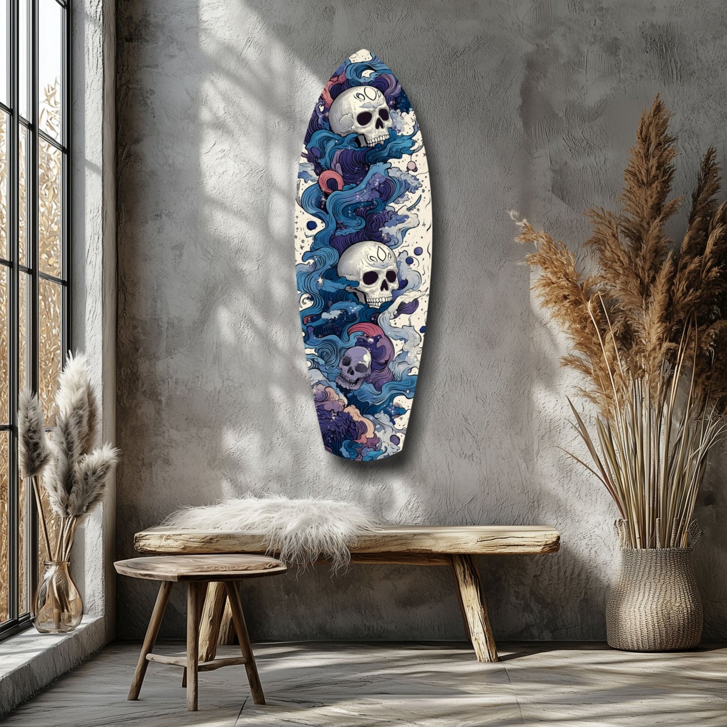 Blue Wave Swirl Skulls Surfboard Glass Wall Art