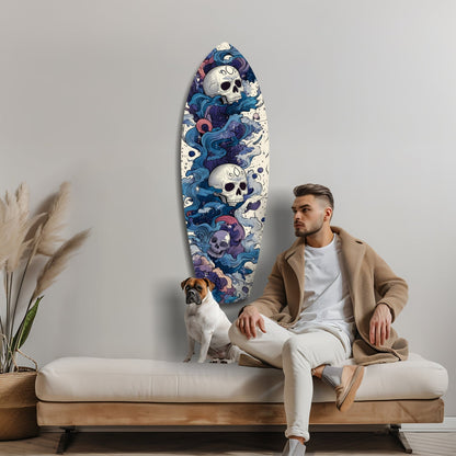 Blue Wave Swirl Skulls Surfboard Glass Wall Art